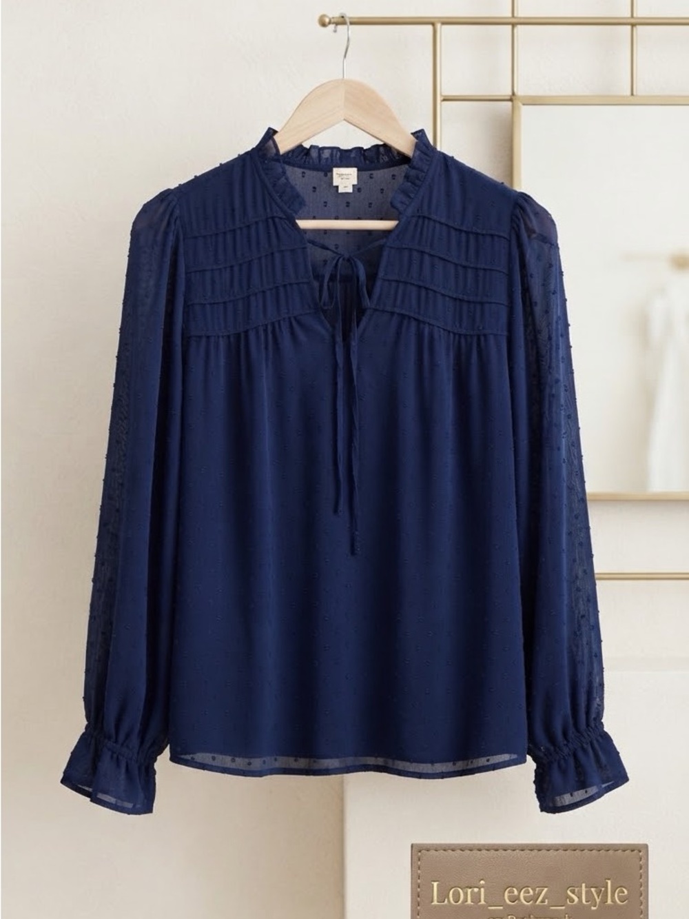 Lori Eez Style Navy Swiss Dot Tie-Neck Blouse
